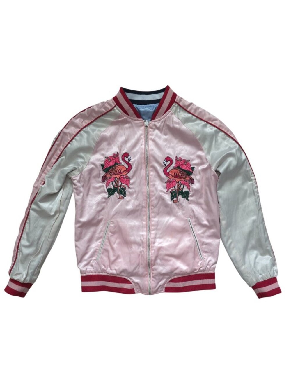 Guess Shirley Reversible Embroidered Tiger & Flamingo Satin Bomber Jacket Sz M - Picture 2 of 14